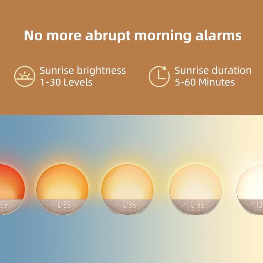 Sunrise Alarm Clock White Noise Machine: Natural Wake Up Light - Dimmable Clock with Bluetooth Speaker for Bedroom - 25 Sleep Sounds for Baby Adults Kids