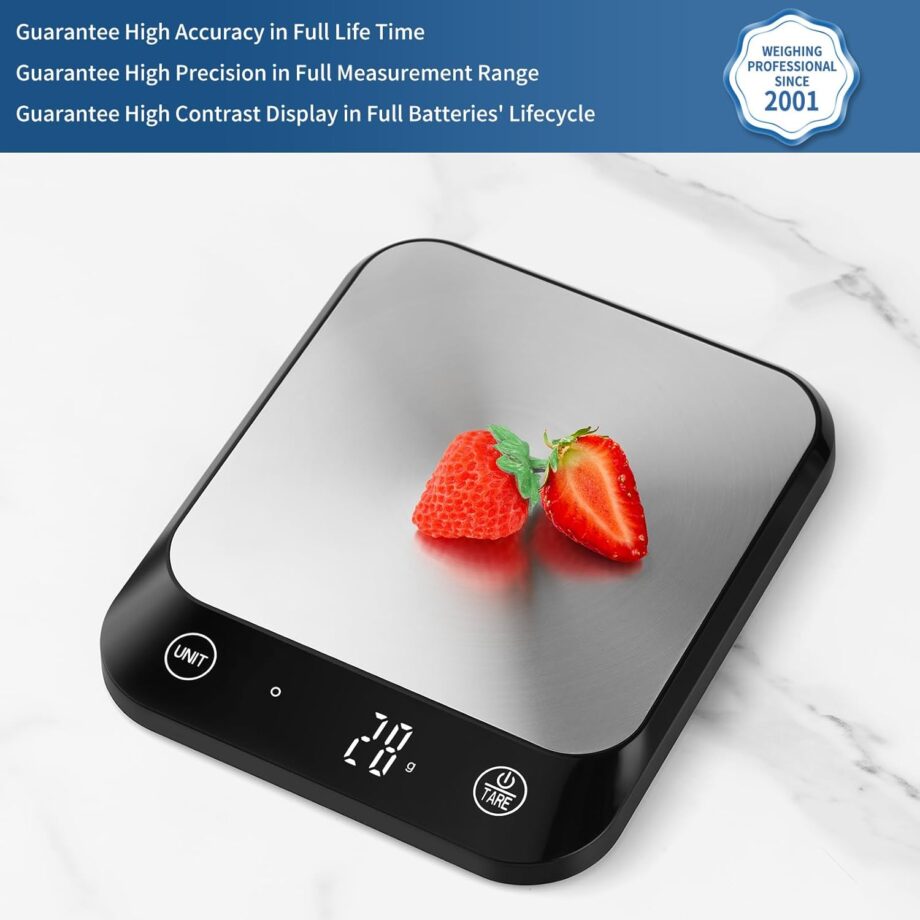 22lb Digital Food Kitchen Scale, High Accuracy Assured by Weighing Professional Factory Since 2001, Weight Loss, Baking and Cooking, LED Display, Batteries Included, Black