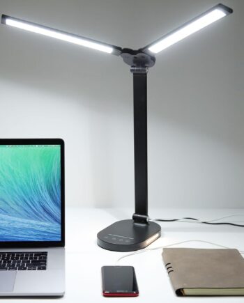 Desk Lamps for Home Office, 14W Double Swing Arm  Desk Lamp with  Charging Port, Eye-Caring  Task Lamp, Desktop Lamp with Night Light Table Light for Work Study Craft with Adapter