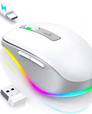 Wireless Mouse Jiggler - LED Wireless Mice with Build-in Mouse Mover, Rechargeable Moving Mouse for Laptop with Undetectable Random Movement Keeps Computers Awake - White & Grey