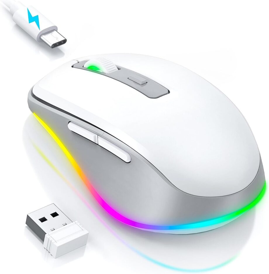 Wireless Mouse Jiggler - LED Wireless Mice with Build-in Mouse Mover, Rechargeable Moving Mouse for Laptop with Undetectable Random Movement Keeps Computers Awake - White & Grey