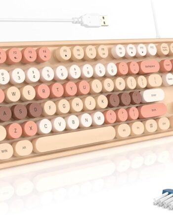 Wired Keyboard, Full Size USB Keyboard Plug Play, Colorful Retro Round Typewriter Keyboard with Foldable Stands for Windows PC Laptop (Milk Tea Colorful)