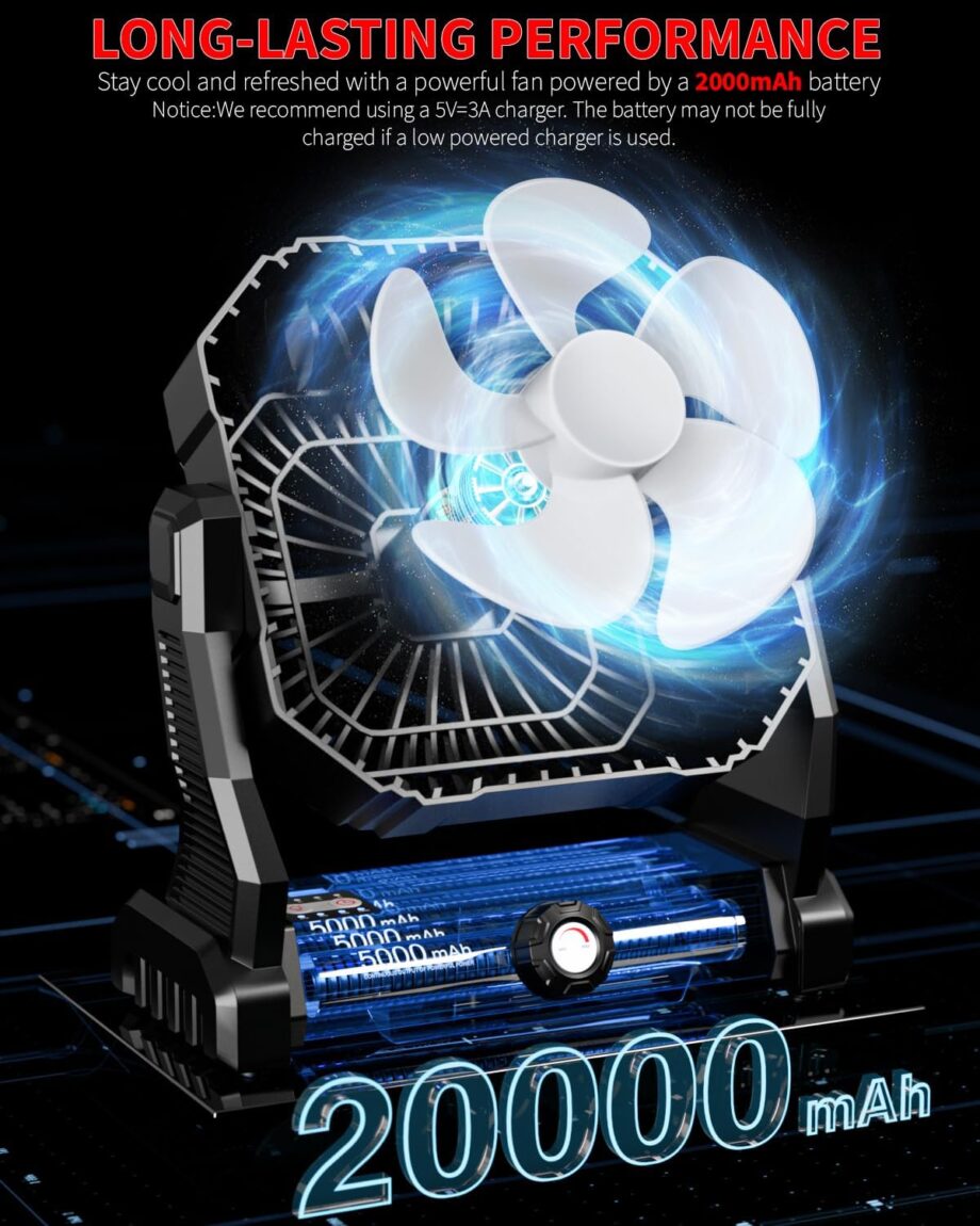 Personal Fan Camping Fan rechargeable, 20000mAh Battery powered fan with LED Lantern,270°Head Rotation, Small Table Fan Portable, USB Desk Fans with Hanging Hook for Travel Camping Tent Office, Black