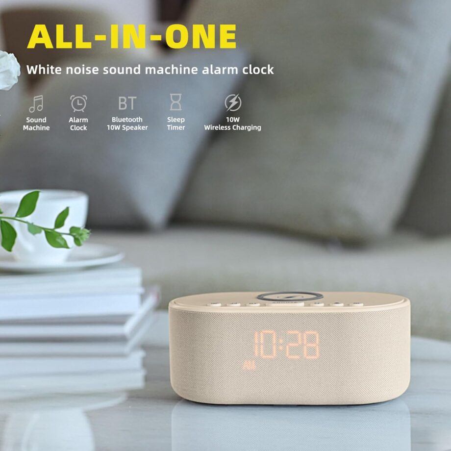 Sound Machine Alarm Clock for Bedrooms: Bluetooth 10W Stereo Speaker with Wireless Charging - White Noise Machine for Sleeping with 21 Soothing Sounds