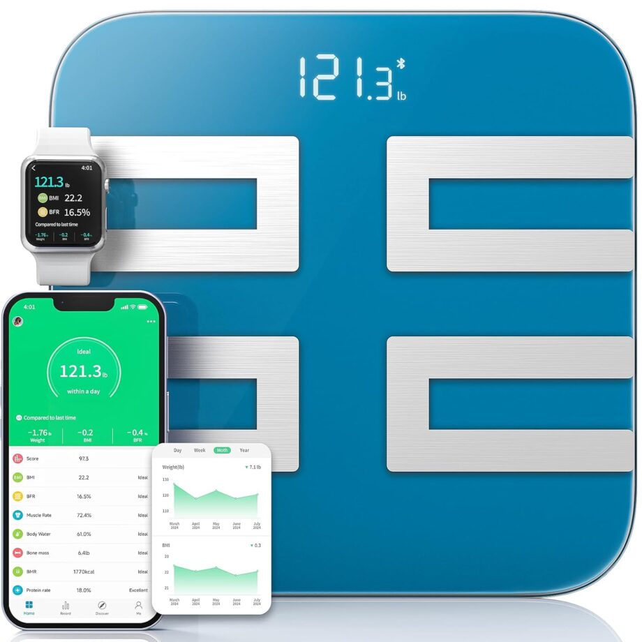 Smart Scale for Body Weight, Digital Bathroom Scale LED Display, BMI, Body Fat,  18 Body Composition Monitor Health Analyzer Sync Apps, High Accuracy, Save Space, 396lbs (Blue)