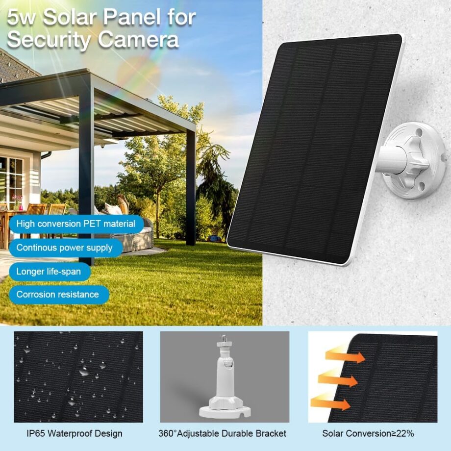 Solar Panel for Security Camera,5W USB Solar Panel for Cameras DC 5V,Camera Solar Panel Charger  USB & USB-C & DC,IP65 Waterproof USB Solar Panel Charger for Camera with 360°Adjustable Mounting
