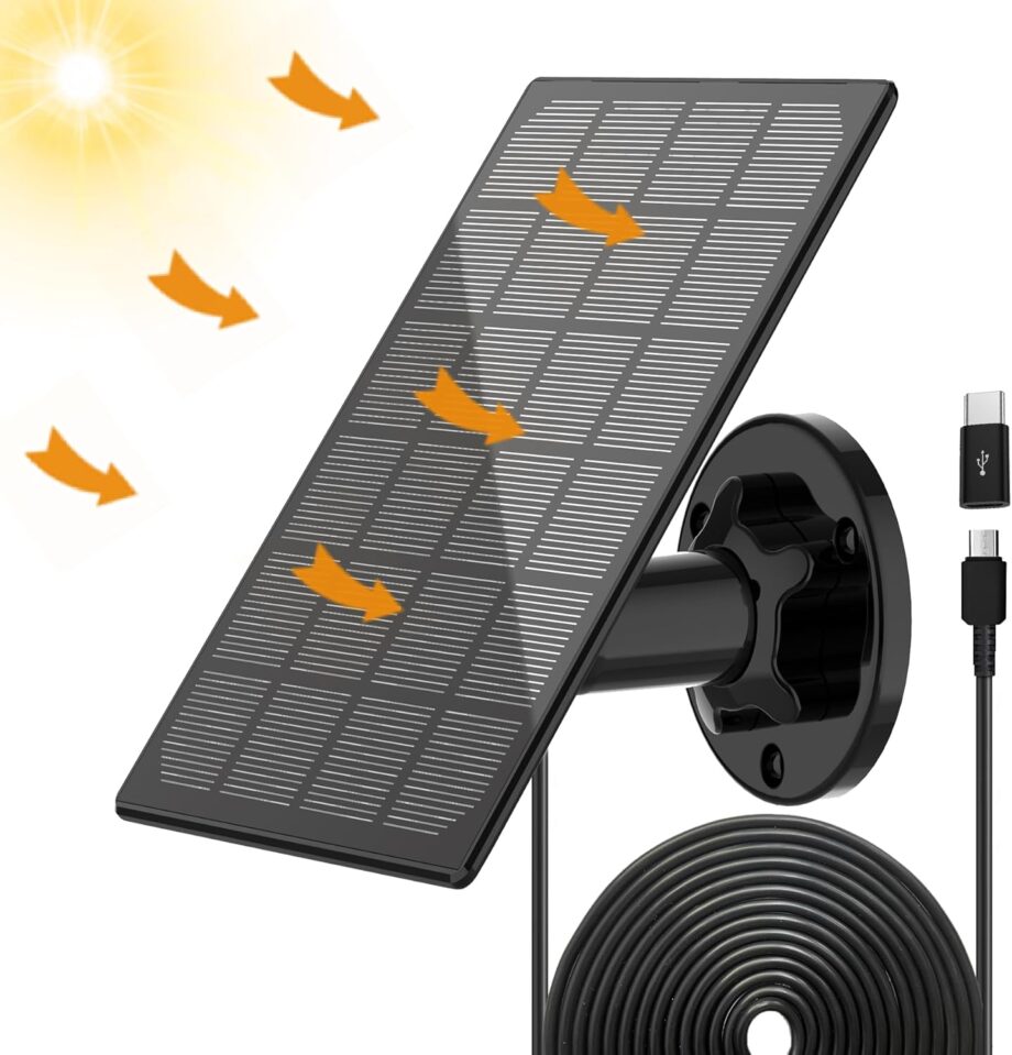 Solar Panel for Outdoor Camera, IP66 Waterproof Solar Charger, Continuous Solar Power Supply for Security Cameras, with 10ft Cable  USB Port & Type-C Adapter Solar Panel, 360° Adjustable Bracket