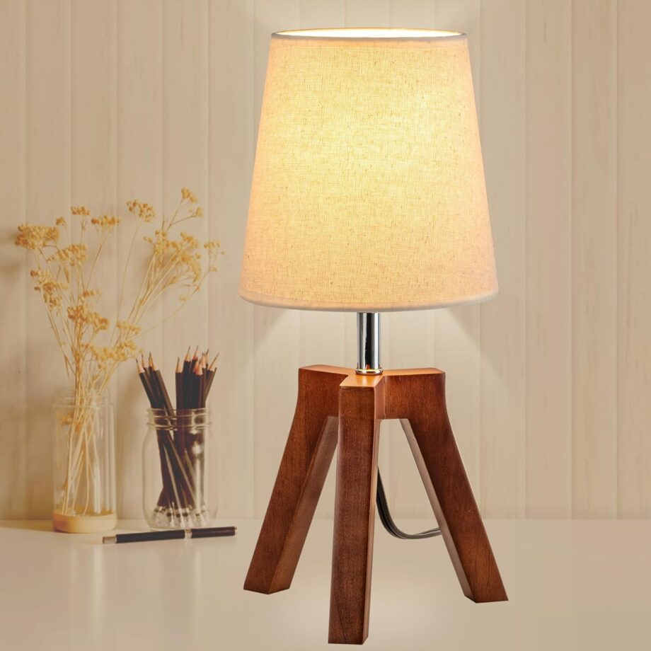 Wood Bedside Table Lamp, Tripod Desk Lamp with On-Off Switch, Nightstand Lamp with Fabric Shade for Reading, Bedroom, Living Room, Office, Walnut Base with Linen Shade(Without Bulb)