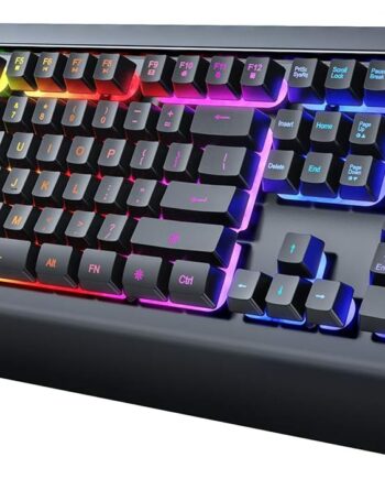 Gaming Keyboard, 104 Keys All-Metal Panel, Rainbow LED Backlit Silent Computer Keyboard, Wrist Rest, Multimedia Keys, Anti-Ghosting, Waterproof Light Up Wired Keyboard for PC Mac Gamer