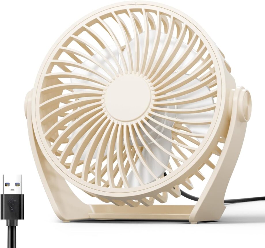 USB Desk Fan, 5 Inch Small Portable Fan, 3 Speeds Powerf Wind Mini Personal Desktop Fan 360° Rotation Adjustable, Plug In USB Fan Quiet for Table Home Office Travel Car(Beige)