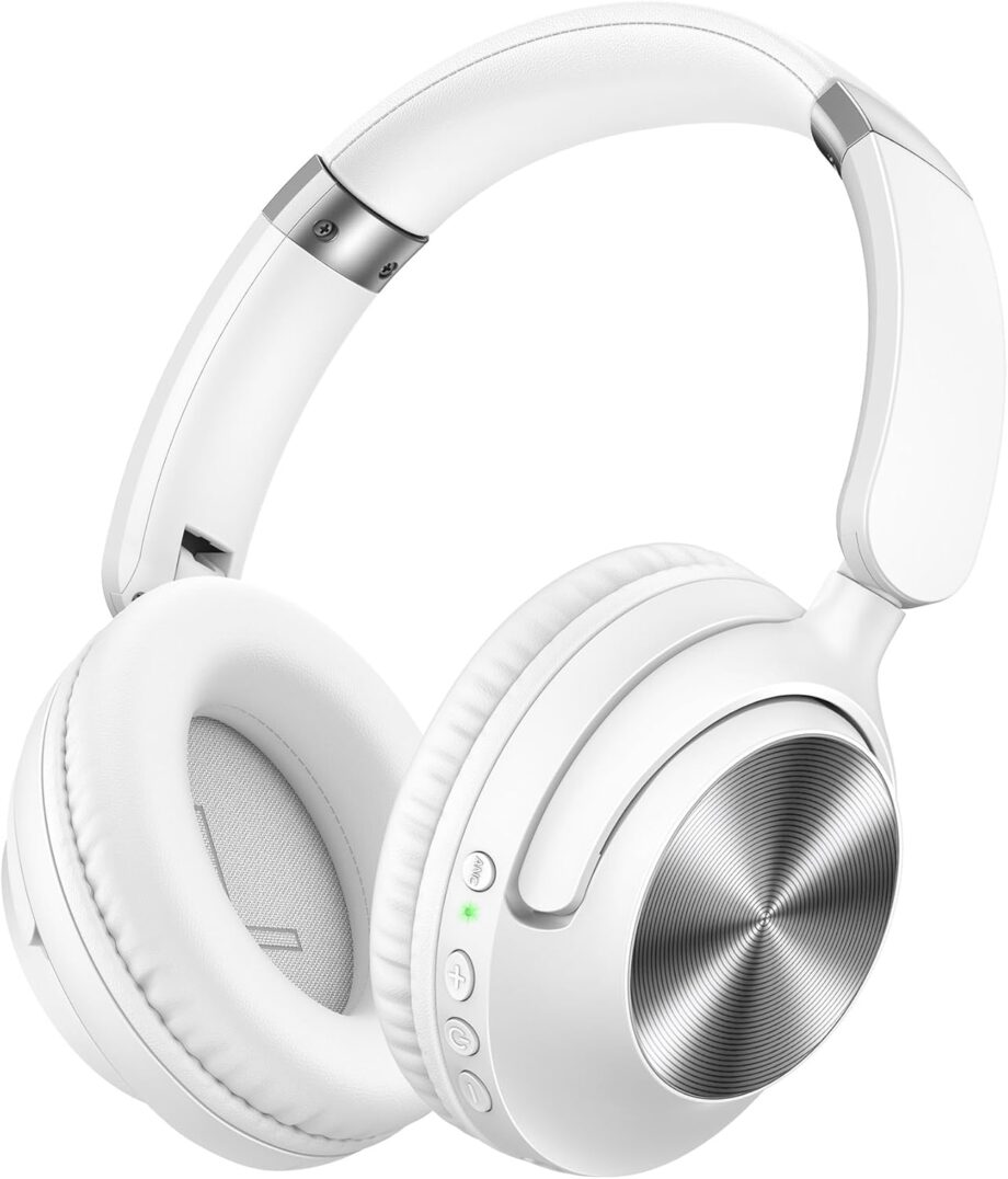 Active Noise Cancelling Headphones 100H Playtime Wireless Over Ear Bluetooth Headphones Fast Charging Earphones with Deep Bass Comfort Light Weight Headsets for Travel Home Office PC White