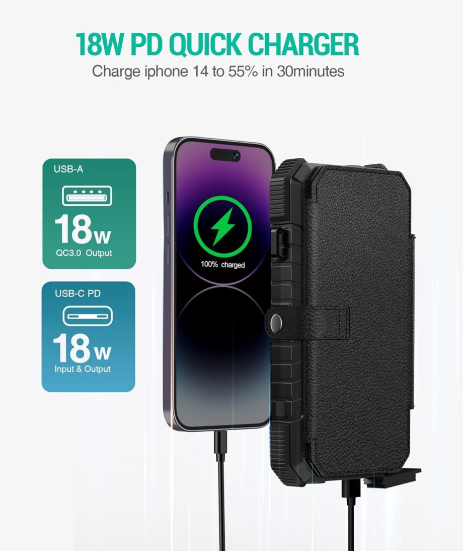 Solar Charger Power Bank, PD 18W Fast Charging 20000mAh Battery Pack with 4 Foldable Panels, Portable Solar Powered USB C Charger with Camping Flashlight Compass Carabiner for Cell Phone