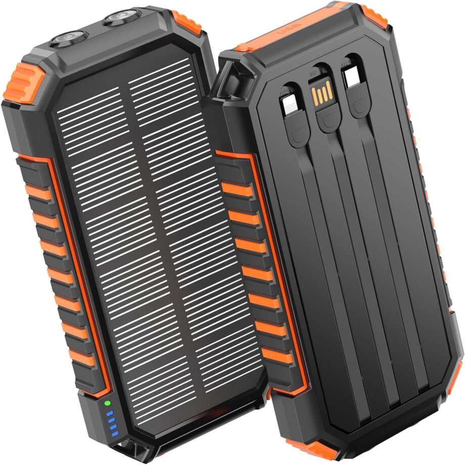 Solar Power Bank Portable Charger 27000mAh Built-in 3 Cables Solar Phone Charger - 15W PD  3.0 Fast Charging Outdoor Battery Pack for iPhone Android, Dual Flashlight (Orange)