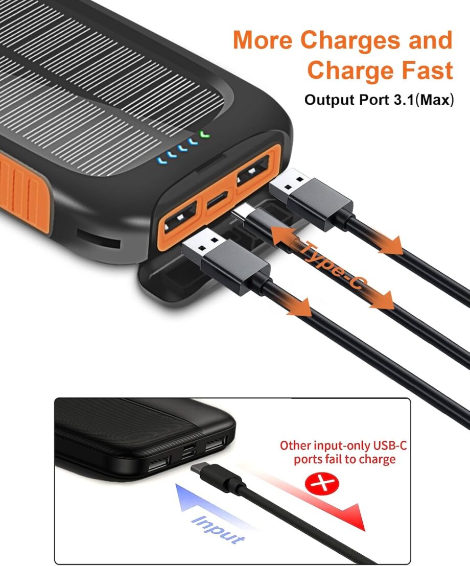 Solar Power Bank, Solar Charger, 38800mAh Outdoor Portable Charger, External Battery Pack 5V/3.1A Fast Charger Type C Ports with LED Flashlights, Perfect for Travel Camping