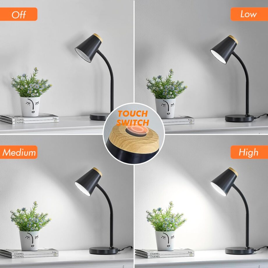 Desk Lamp for College Dorm Room - Small  Desk Lamp Touch Dimmable Reading Light for Home Office - Adjustable Flexible Gooseneck Table Lamp for Bedside Bedroom Nightstand Black