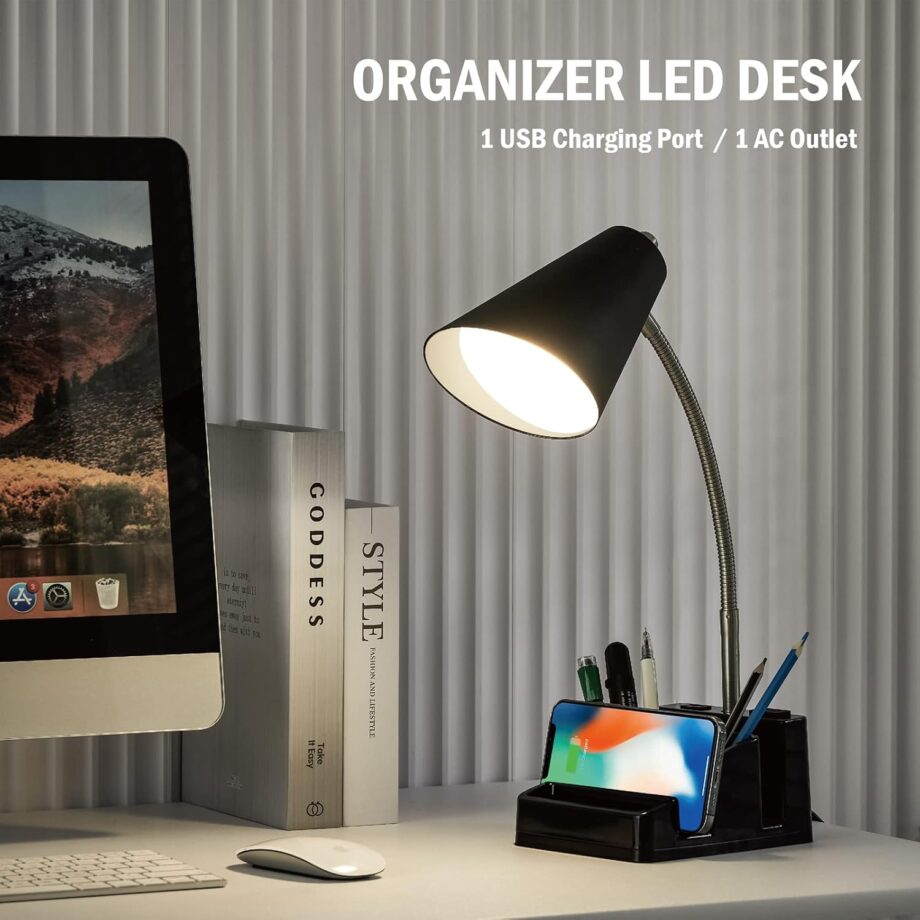 LED Desk Lamp with 1 USB Charging Port and 1 AC Outlet, Organizer Base, Adjustable Neck, On/Off Switch, Modern Table Lamp for Reading, Working, Studying, Gentle Warm White Light, Eye Protect