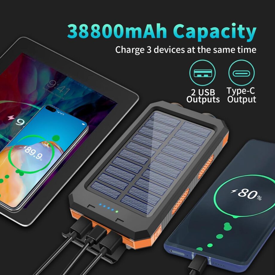 Solar Charger Power Bank, 38800mAh Portable Charger Fast Charger Dual USB Port Built-in Led Flashlight and Compass for All Cell Phone and Electronic Devices