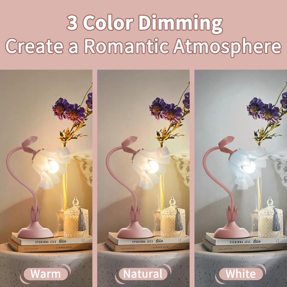 Women Bedside Table Lamps for Bedroom, Cute Flower Desk Lamp with Adjustable Flexible Gooseneck, 3 Color Temperatures Nightstand Lamp with E26 LED Bulbs, Floral Lamp for Living Room, Office,Reading