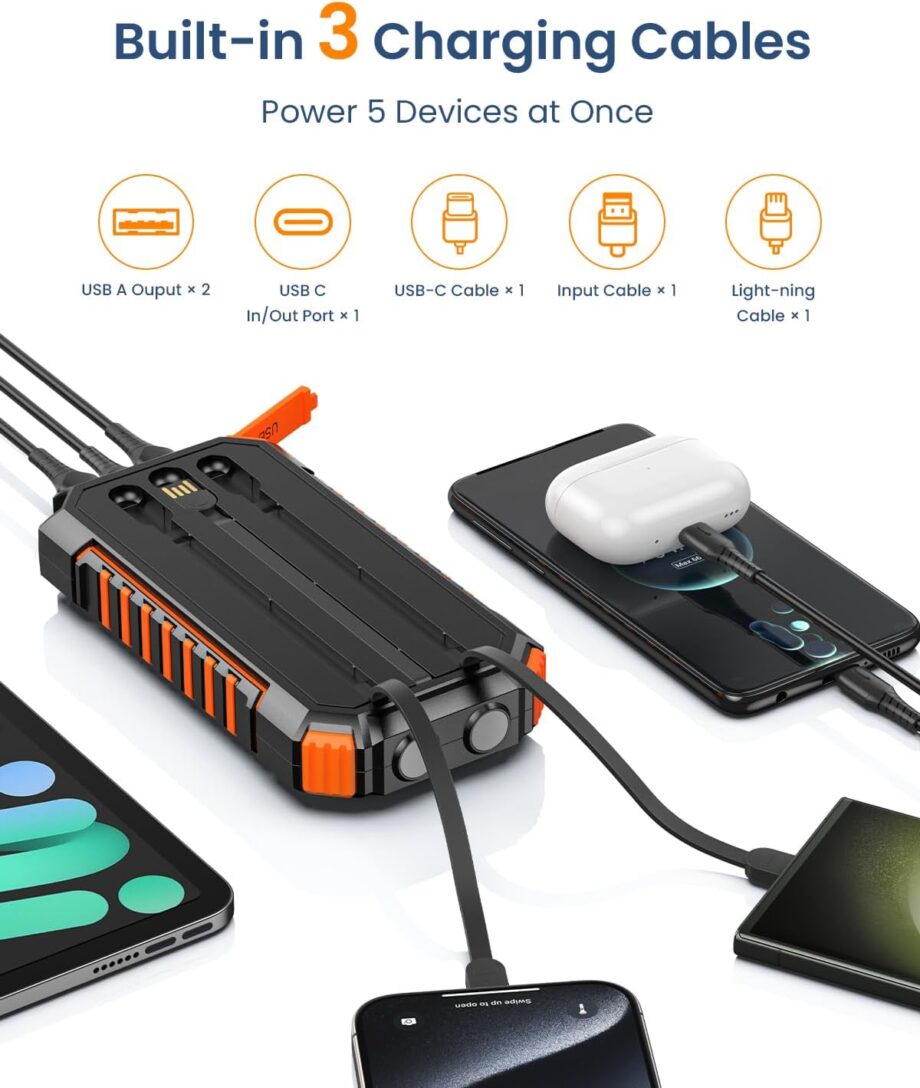 Power Bank Solar Charger 27000mAh Built in 3 Cables Five Outputs 15W Fast Charging Power Bank for All Mobile Devices Solar Portable Charger with Dual Flashlights