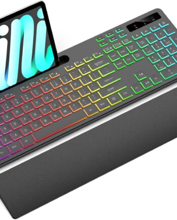 Wireless Keyboard with 7 Colors & 4 Modes RGB Backlit, Ergonomic Keyboard with Wrist Rest, Phone Tablet Holder, 2.4G Light Up Computer Keyboard with Numeric Keypad for Mac, Windows