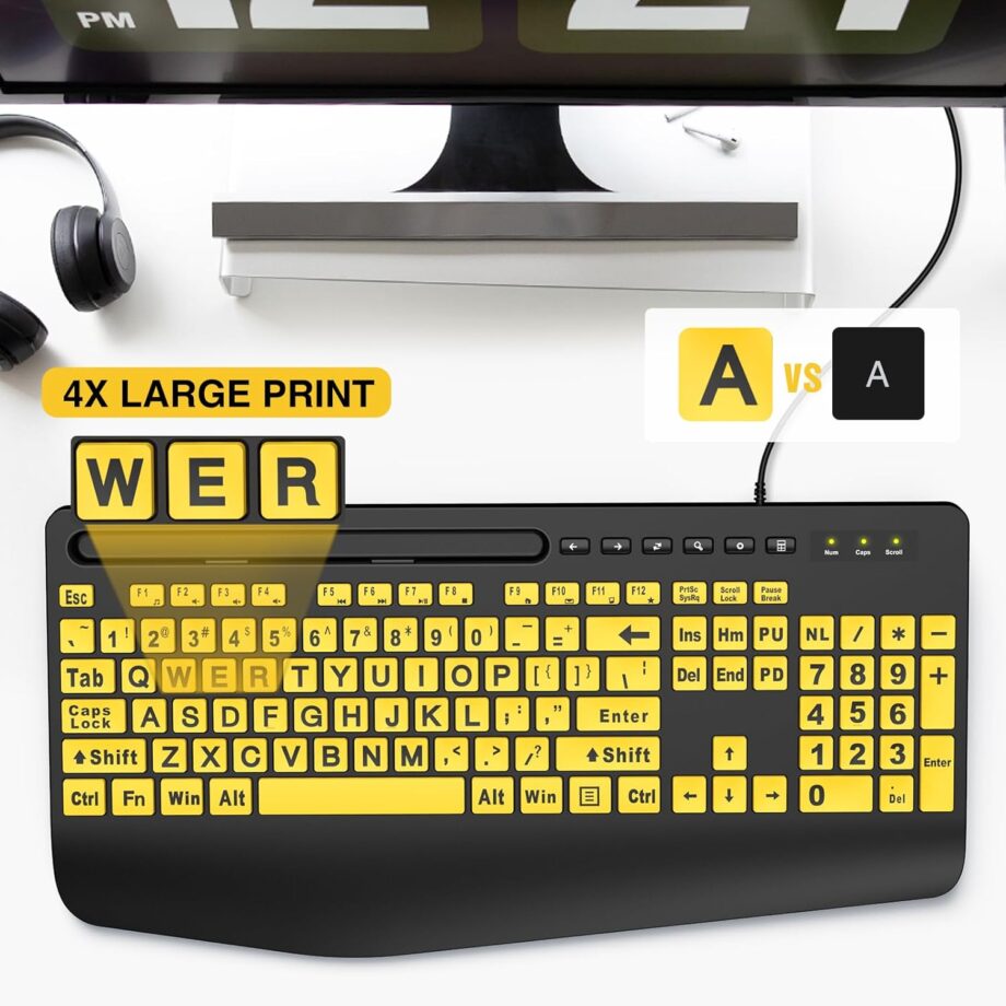 Large Print Keyboard Wired Computer Keyboards with Wrist Rest, Phone Holder, Big Letters Easy to Read Compatible Windows, Desktop, Laptop, Yellow