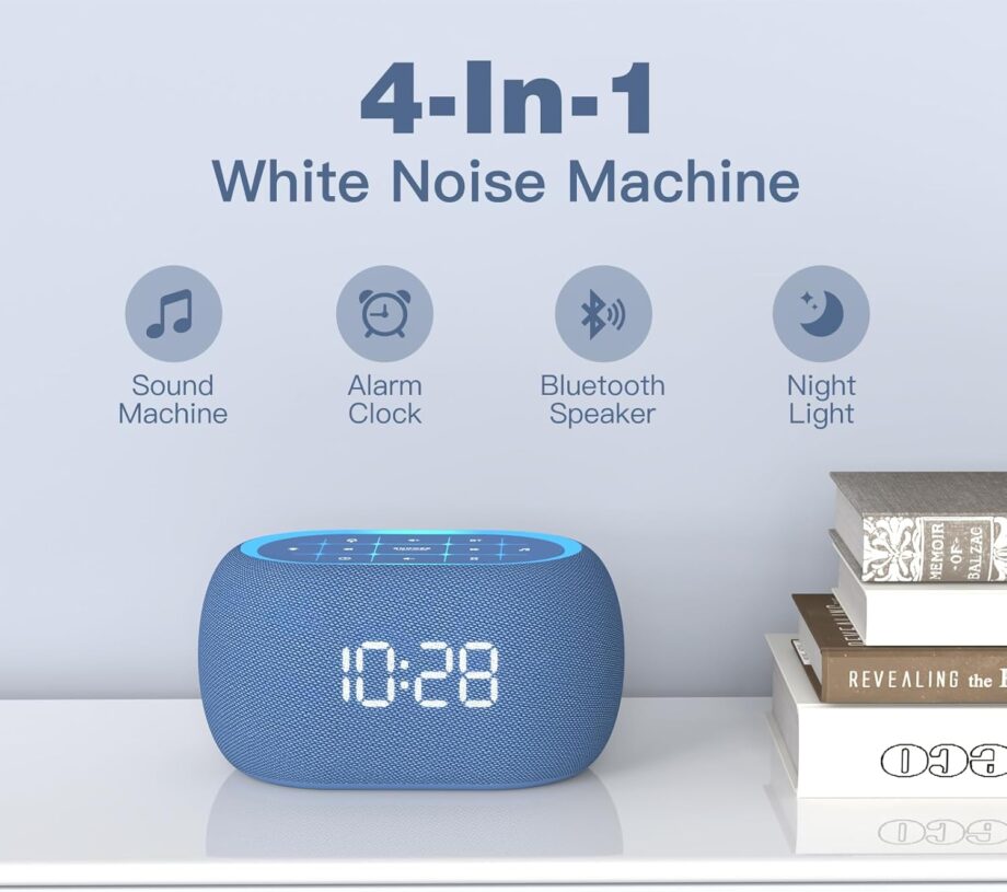 White Noise Sound Machine Alarm Clock with Bluetooth Speaker, Hi-Fi Stereo Sound, 21 Sounds, 7 Night Lights, 0-100% Dimmer, Sleep Timer, Soothing Device for Adults Kids Sleeping, Bedroom, Blue