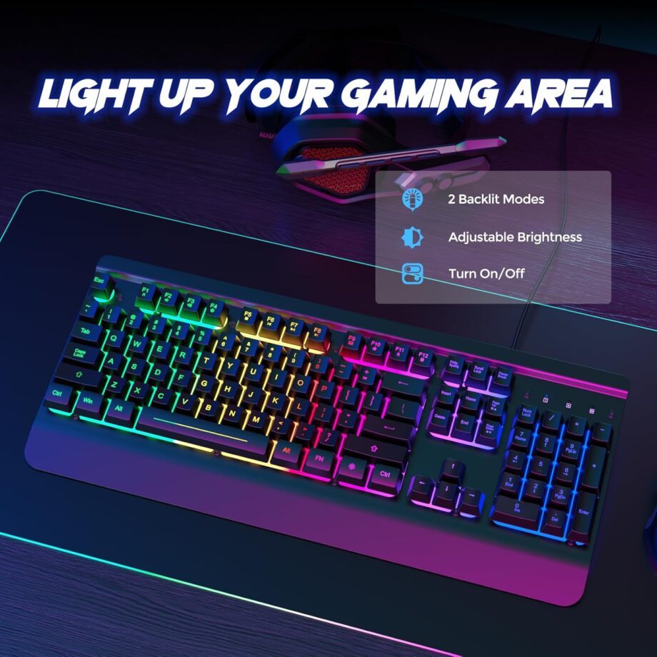 Gaming Keyboard, 104 Keys All-Metal Panel, Rainbow LED Backlit Silent Computer Keyboard, Wrist Rest, Multimedia Keys, Anti-Ghosting, Waterproof Light Up Wired Keyboard for PC Mac Gamer