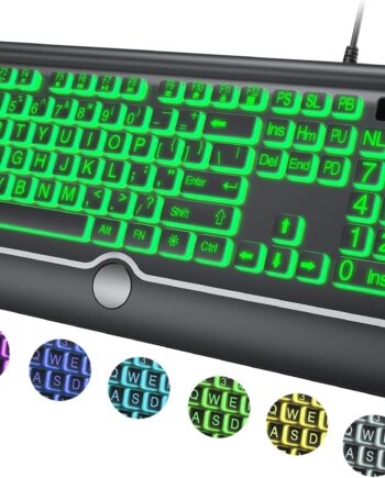 Large Print Backlit Computer Keyboard, 7-Color Backlit Keyboard with Wrist Rest, USB Plug-and-Play, Oversize Letters Keys Easy to See and Type, Wired Light Up Keyboards for Laptop, PC, Gaming