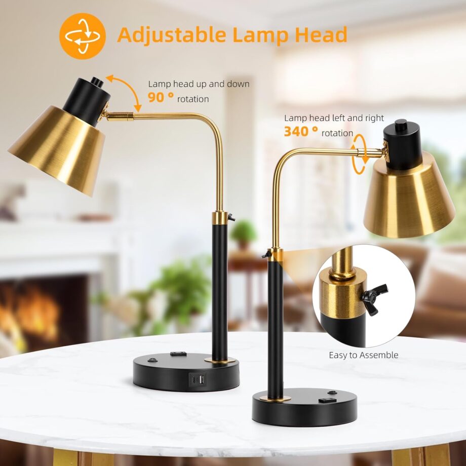 Desk Lamp with +Type C Port and AC Outlet, Table Lamp Adjustable Head Heavy Duty Metal Matte Black Base Modern Brushed Brass Finished Desk Light for Office Home Reading Study