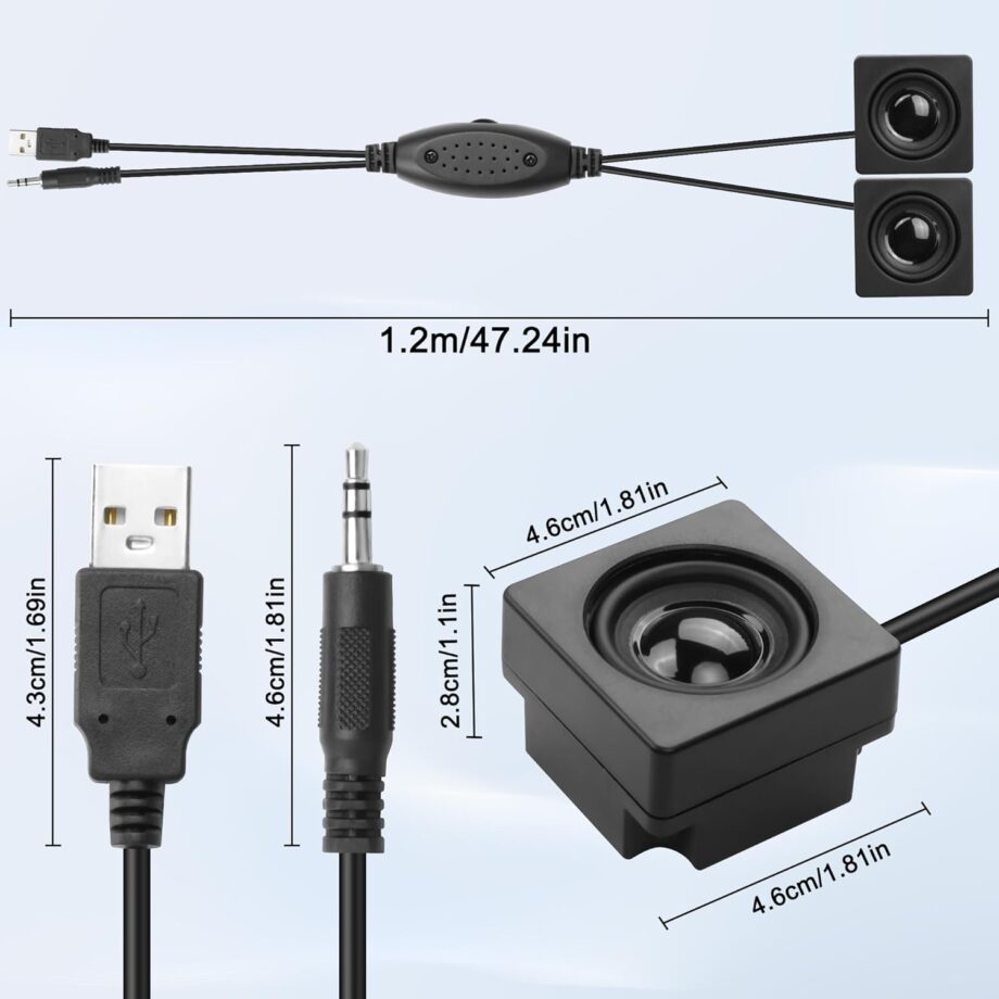 Mini Computer Speaker for Desktop  3.5mm  Input with Volume Control USB Powered Stereo Hidden Type Small Speakers for  Laptop Phone Notebook -1.2M/3.9FT 1 Pr