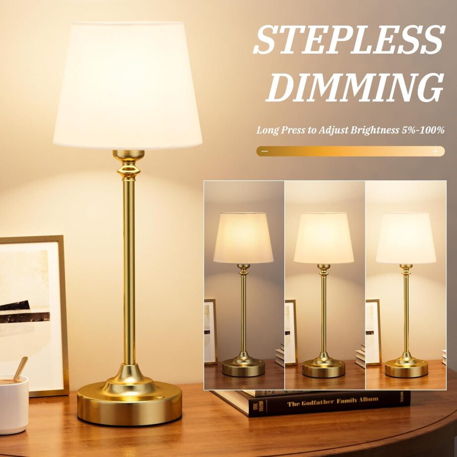 Cordless Table Lamp Rechargeable Gold - 1 Pack Brass 4000mAH Battery Operated Lamp for Decor, 3000K Steess Dimming Touch Control Wireless Lamp for Bedroom, Dining Table, Counter, Living Room