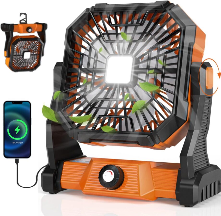 Portable Camping Fan,20000mAh Rechargeable Battery Powered Fan with LED Lantern, USB-C Battery Operated Fans,tra Quiet, for Outdoor Indoor Use,Travel, Tent, Beach, Picnic, Barbecue, Fishing, Home