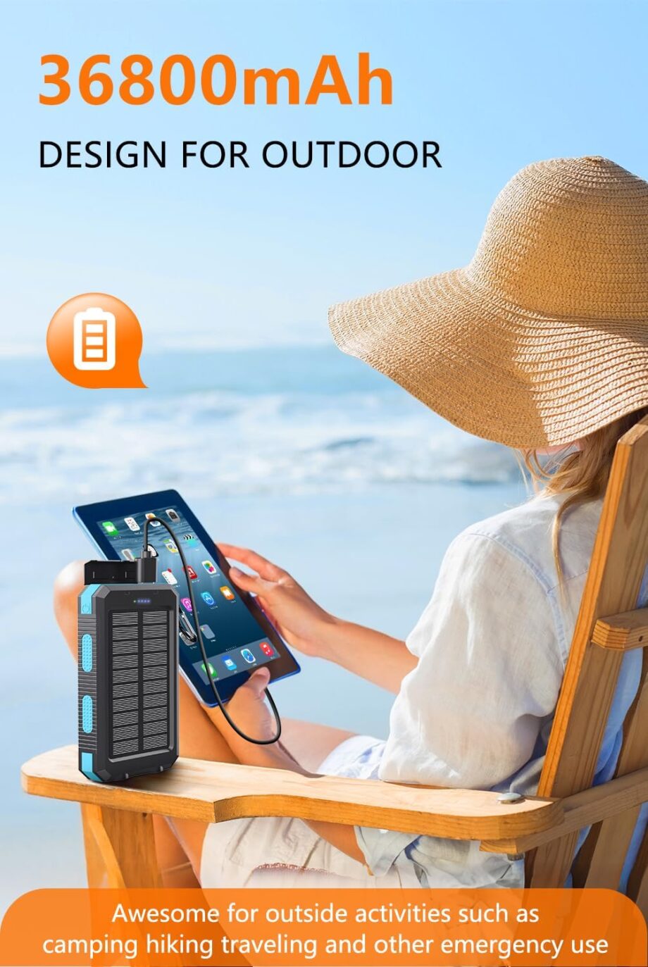 Solar Charger Power Bank - 36800mAh Type-C 5V3.1A Fast Charging Power Bank. Equipped with a Powerful Flashlight, Compass, IP65 Outdoor Waterproof Portable Power Bank (Blue)