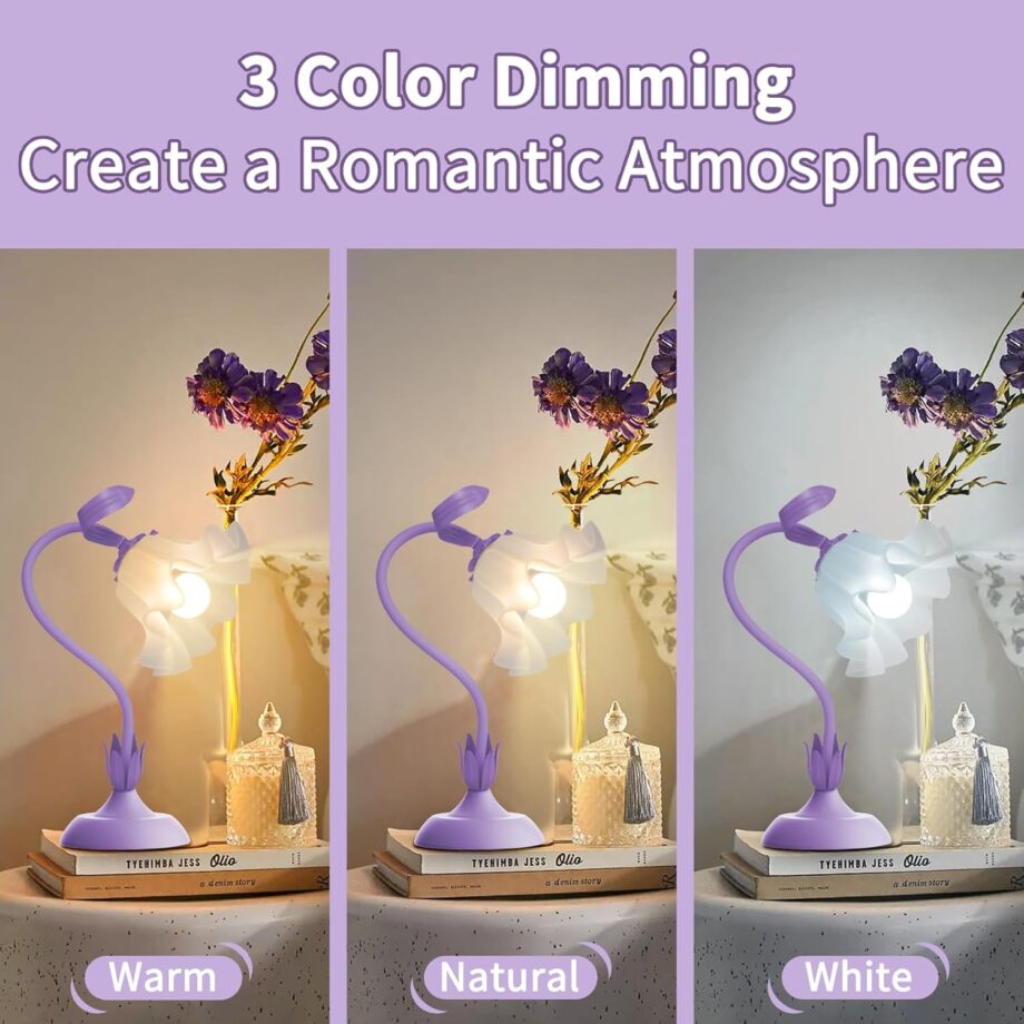 Women Bedside Table Lamps for Bedroom, Cute Flower Desk Lamp with Adjustable Flexible Gooseneck, 3 Color Temperatures Nightstand Lamp with E26 LED Bulbs, Floral Lamp for Living Room, Office,Reading