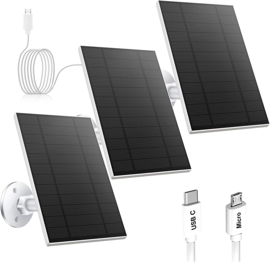3PC 5W Solar Panel for Security Camera, Solar Panel with  USB & USB-C Port for DC 5V Outdoor Rechargeable Battery Camera, IP65 Waterproof, 360° Adjustable Security Mount, 9.8ft Cable