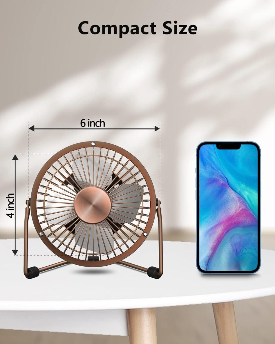 Desk Fan Quiet Small USB Fan 360° Rotation Portable Table Fan 2 Speed Mini Personal Fan Air Cooling Electric Fan for Home Office Bedroom Travel Camping, 4 inch Bronze