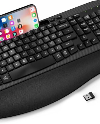 Ergonomic Wireless Keyboard with Cushioned Wrist Rest, Wave Keys, Phone Holder, Comfortable Natural Typing, 2.4GHz Full Size Silent Cordless USB Computer Keyboard for Laptop, Mac, Windows (Black)