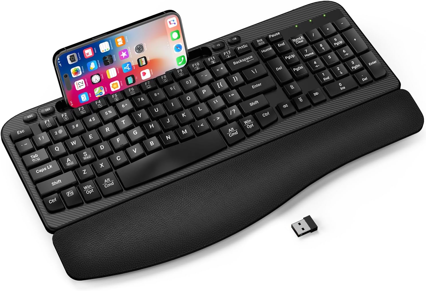 Ergonomic Wireless Keyboard with Cushioned Wrist Rest, Wave Keys, Phone Holder, Comfortable Natural Typing, 2.4GHz Full Size Silent Cordless USB Computer Keyboard for Laptop, Mac, Windows (Black)