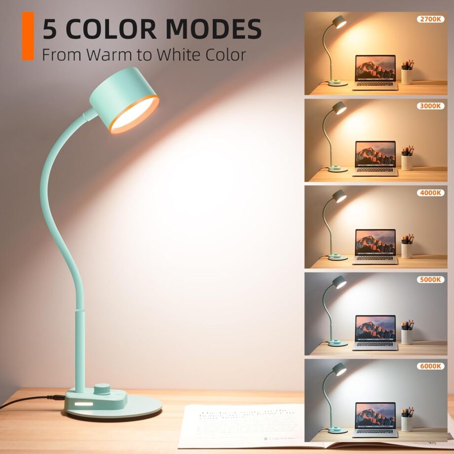 Desk Lamp, Fully Dimmable Bedside Reading Lamp with USB C + A Charging Ports, 5 Colors, Simple to , Eye Care Metal Table Lamp Efficient Gooseneck Desk Lamps for Home Office College Dorm Room