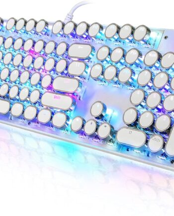 Typewriter Style Mechanical Gaming Keyboard  Backlit Wired with Blue Switch Retro Round Keycap 104 Keys Keyboard (White 104 Keys RGB)