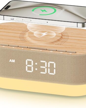 3-in-1 Alarm Clock Radio & Wireless Charger & Bluetooth Dual Speaker, Dimmable Bedside Night Light, Soft Alarm, Digital Clock for Bedroom - Wood Tone