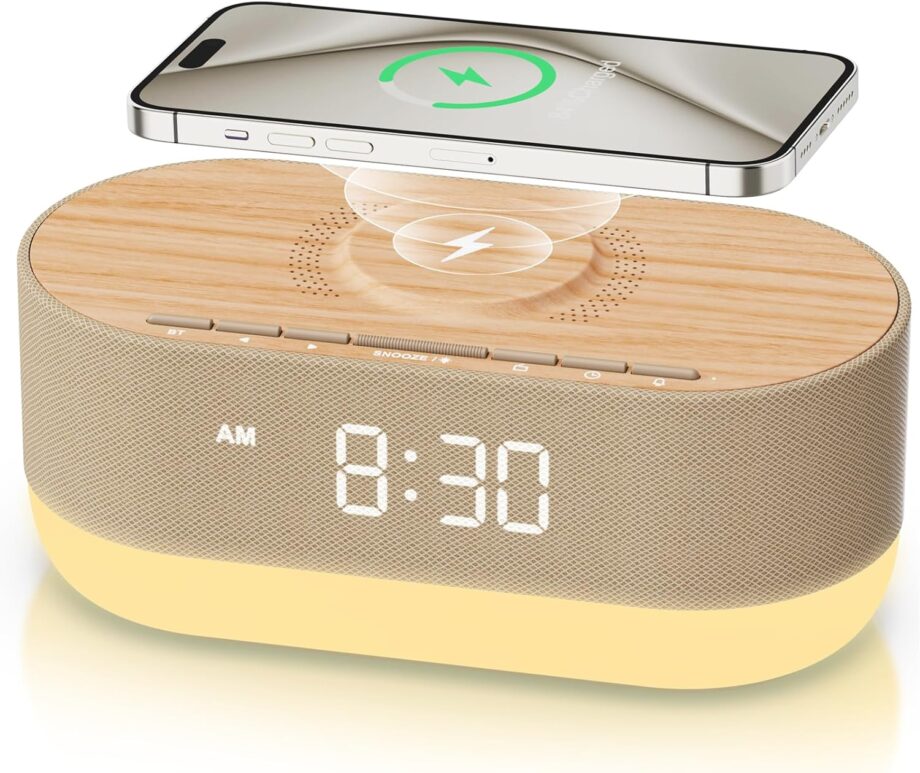 3-in-1 Alarm Clock Radio & Wireless Charger & Bluetooth Dual Speaker, Dimmable Bedside Night Light, Soft Alarm, Digital Clock for Bedroom - Wood Tone