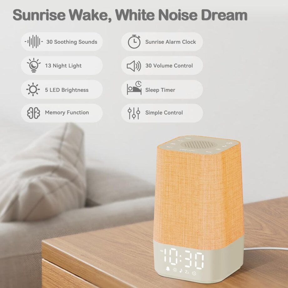 White Noise Sound Machine: 30 Soothing Sounds, Sunrise Alarm Clock for Gentle Wake Up, Adjustable Volume & Night Light, Timer, Ideal for Adults, Kids and Babies - Easy to Sleep, Relax, Focus