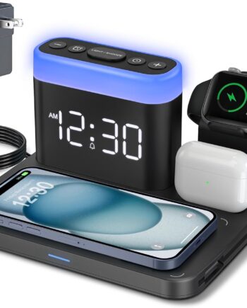 Wirelss Charging Staion,3 in 1 Multiple Charger Stand with Alarm Clock,7 Night Light