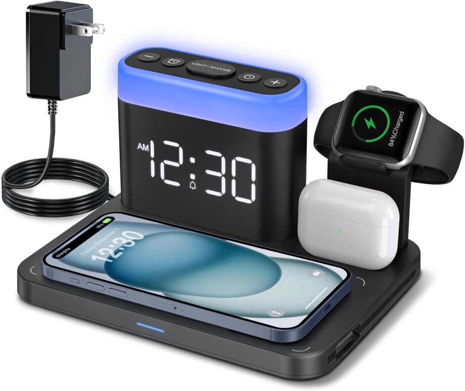 Wirelss Charging Staion,3 in 1 Multiple Charger Stand with Alarm Clock,7 Night Light