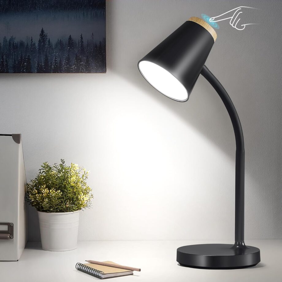 Desk Lamp for College Dorm Room - Small  Desk Lamp Touch Dimmable Reading Light for Home Office - Adjustable Flexible Gooseneck Table Lamp for Bedside Bedroom Nightstand Black