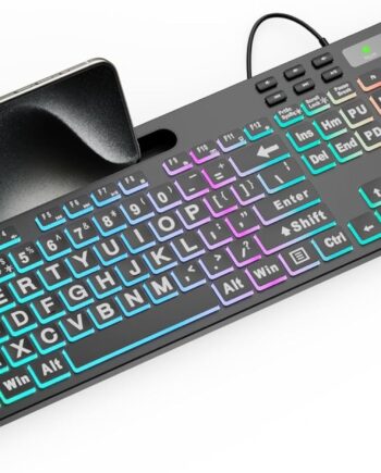 Large Print Backlit Keyboard,  Wired Computer Keyboards with 7 Colors & 11 Modes Backlight, Tablet Phone Holder and Quiet Light Up Keys, Full-Size Gaming Keyboard for Windows, Mac