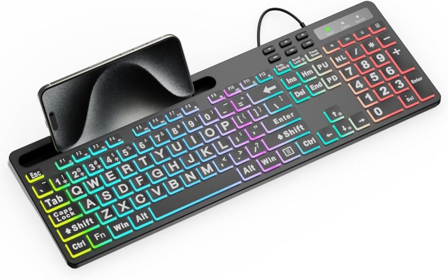 Large Print Backlit Keyboard,  Wired Computer Keyboards with 7 Colors & 11 Modes Backlight, Tablet Phone Holder and Quiet Light Up Keys, Full-Size Gaming Keyboard for Windows, Mac