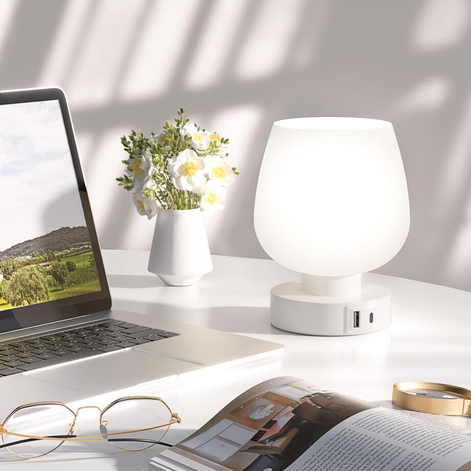 Bedside Table Lamp with Glass Shade, Touch Control, Dual  A+C Charging Ports, Nightstand Lamp, 3-Way Dimmable, Bb Included