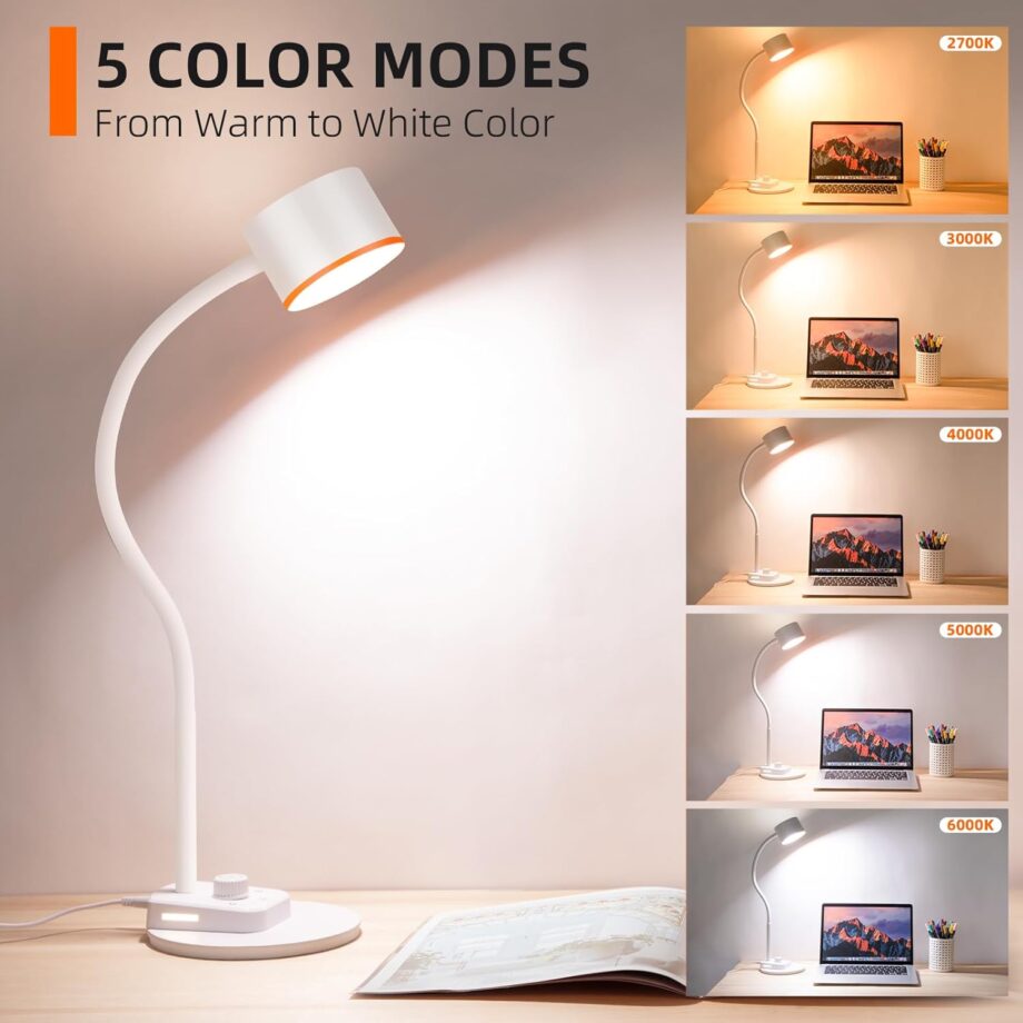 LED Desk Lamp, 1200LM for Home Office, Fully Dimmable Bedside Reading Lamp with USB C + A Charging Ports, 5 Colors, 12W Gooseneck Lamp, Metal Small Table Lamps for Bedroom Living Room White